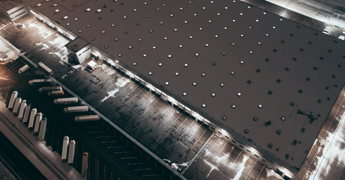 Aerial warehouse photo at night