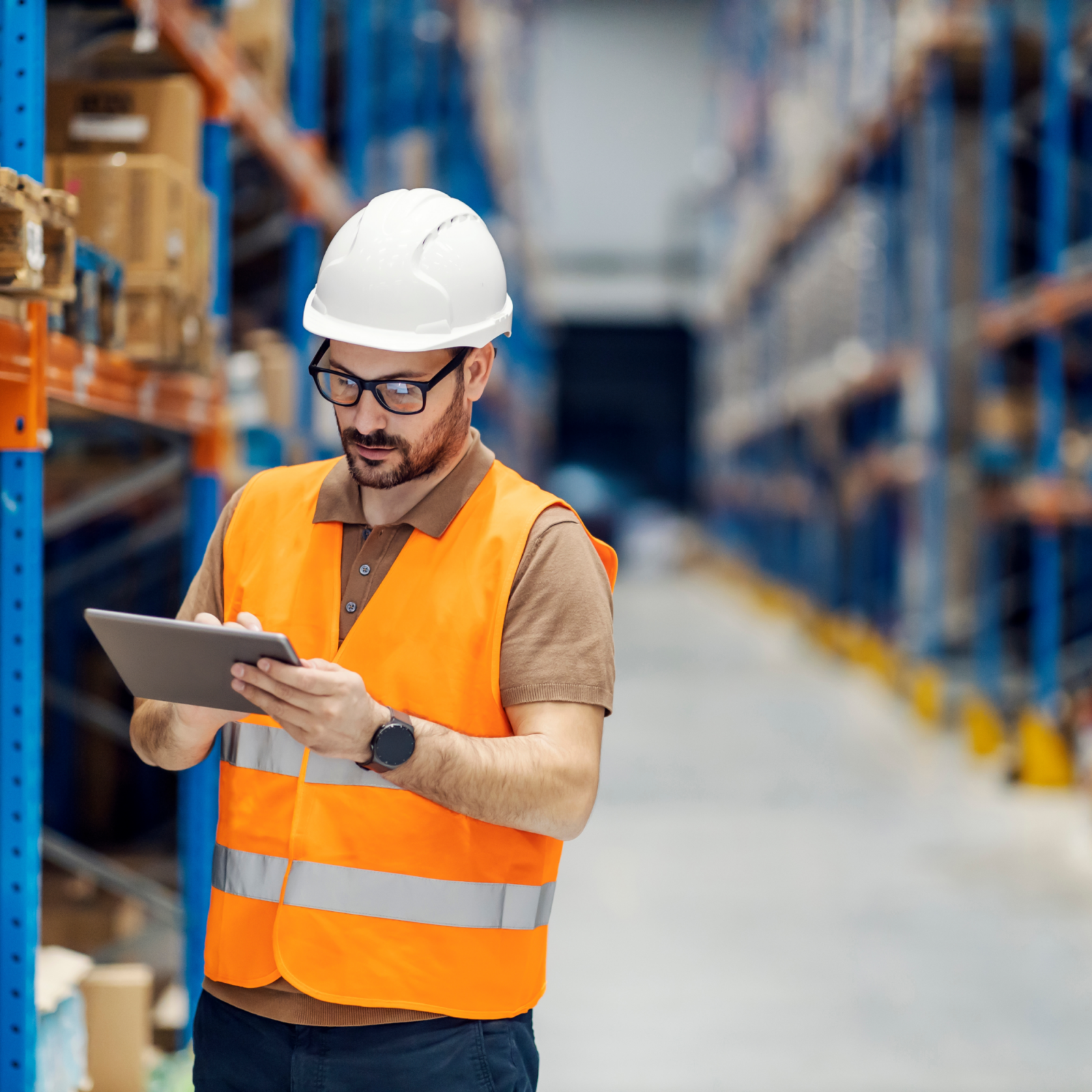 worker checking inventory in system