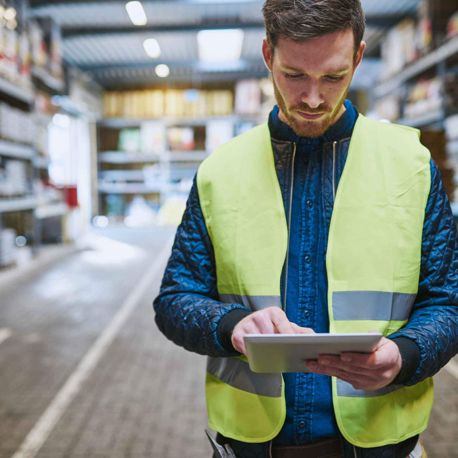 Manager meeting with employees on warehouse floor