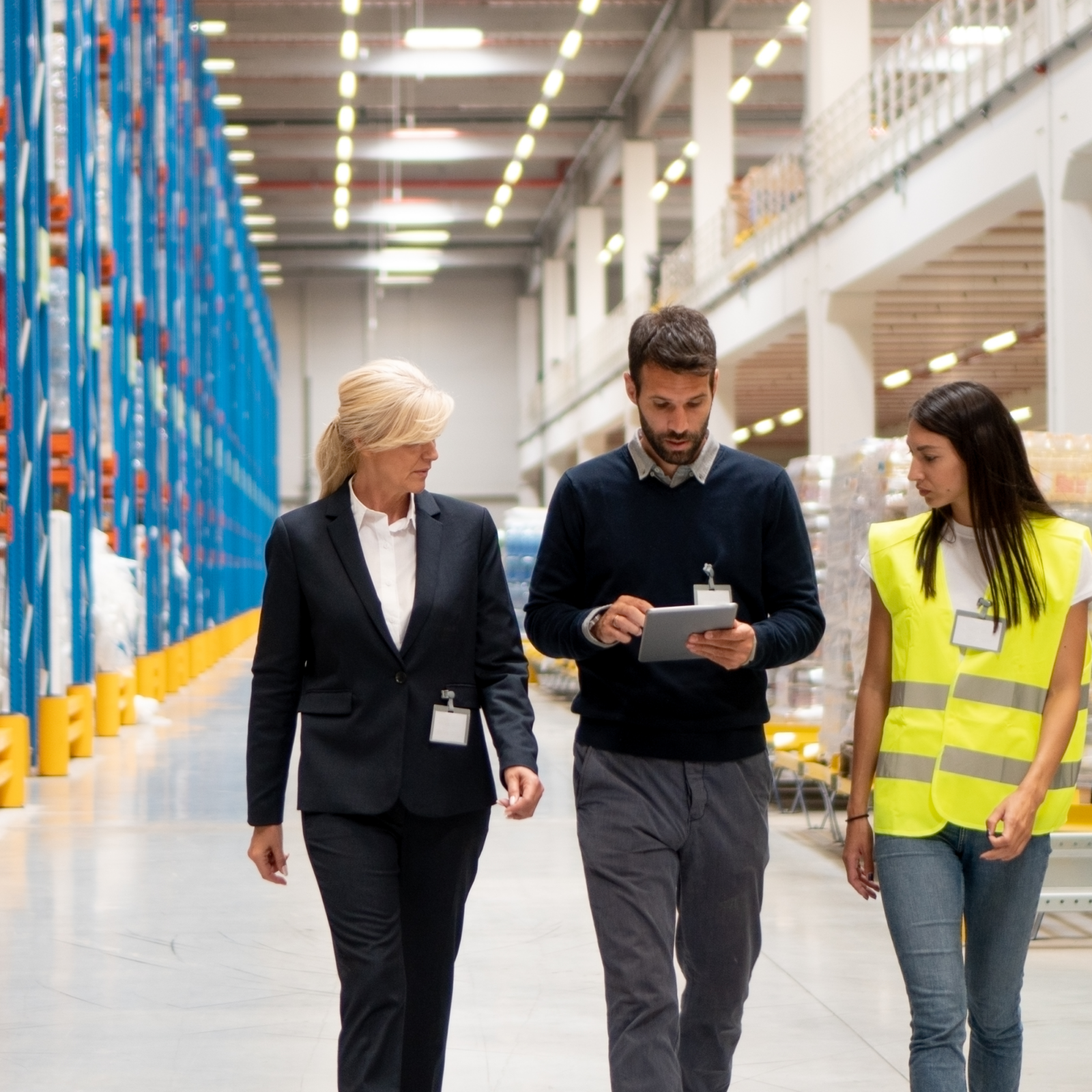 Manager meeting with employees on warehouse floor