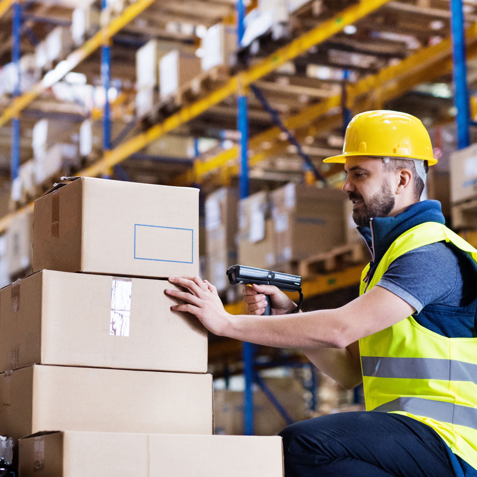 Manager meeting with employees on warehouse floor