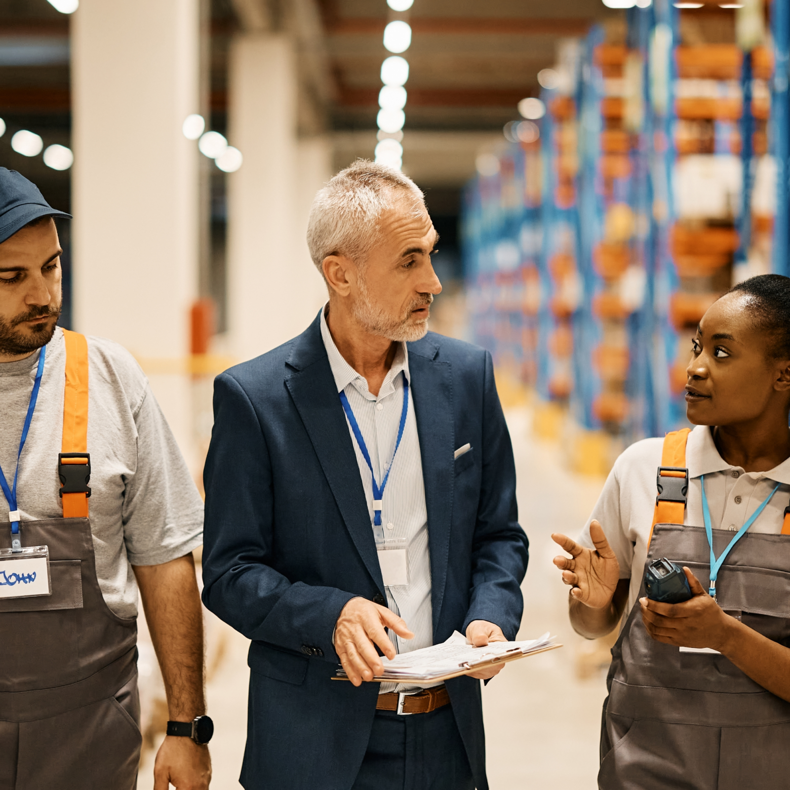 manager meeting with warehouse workers